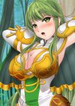  1girl armor bangs blush breasts capelet commission fire_emblem gloves green_eyes green_hair highres large_breasts long_hair looking_at_viewer nao_takami official_alternate_costume open_mouth palla_(fire_emblem) skeb_commission upper_body 