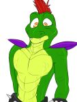  alligator alligatorid anthro armwear athletic belt clothed clothing crocodilian five_nights_at_freddy&#039;s five_nights_at_freddy&#039;s:_security_breach green_body hair male montgomery_gator_(fnaf) pecs red_hair reptile scales scalie scottgames shoulder_pads solo surprise topless topless_male video_games zakie 