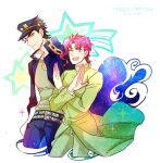  2boys akiae_(hayj14) black_hair earrings gakuran jewelry jojo_no_kimyou_na_bouken kakyoin_noriaki kujo_jotaro long_coat male_focus multiple_boys one_eye_closed pink_hair red_eyes red_hair school_uniform sparkle stardust_crusaders starry_print 