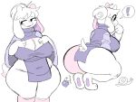  ! anthro big_breasts big_butt bottomwear bovid breasts butt caprine cleavage clothed clothing digital_media_(artwork) female floppy_ears fluffy fluffy_tail fur gastropod goat hair hand_on_breast hand_on_chest happy hi_res horn huge_breasts huge_butt mammal mollusk navel open_mouth puppychan48 purple_clothing raised_tail simple_background smile smug snail solo text thick_thighs topwear toriel undertale undertale_(series) video_games white_body white_fur 