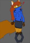  ! anthro boots bottomwear canid canine clothing female footwear fox green_eyes hair hi_res hoodie kamperkiller_(artist) mammal mask ninja_hoodie red_hair skirt skorts solo topwear 