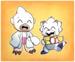  anthro bandai_namco beak black_claws bokomon candy chocolate claws clothing coat dessert digimon digimon_(species) digimon_ghost_game duo emeowth food gammamon haramaki horn lab_coat male scarf topwear white_body 