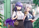  2girls :d bag bangs black_choker black_jacket black_skirt breasts bronya_zaychik cafe choker coffee_cup cup disposable_cup grey_eyes grey_hair highres holding holding_cup homu_(honkai_impact) honkai_(series) honkai_impact_3rd id_card jacket lion_space long_hair long_sleeves multiple_girls office_lady open_clothes open_jacket open_mouth outdoors polo_shirt purple_eyes purple_hair raiden_mei shirt shoulder_bag skirt sleeves_rolled_up smile white_shirt window 