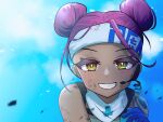  1girl apex_legends arm_tattoo blue_gloves brown_eyes cloud dark-skinned_female dark_skin double_bun eyeshadow gloves headband headset highres lifeline_(apex_legends) looking_at_viewer makeup mask mask_around_neck nepitasu red_eyeshadow red_hair sky smile solo tattoo white_headband 