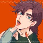  1boy applying_makeup battle_tendency brown_hair fingerless_gloves gloves green_eyes hand_on_another&#039;s_chin highres jojo_no_kimyou_na_bouken joseph_joestar joseph_joestar_(young) kogatarou lipstick makeup male_focus pov 