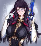  1girl bangs bayonetta bayonetta_(series) bayonetta_3 between_breasts black_bodysuit blush bodysuit braid breasts brown_hair character_name closed_mouth earrings english_commentary glasses gloves gold_trim green_eyes gun handgun highres holding holding_gun holding_weapon index_finger_raised jewelry large_breasts lips long_hair looking_at_viewer mole mole_under_mouth multicolored_hair necklace parted_bangs pistol red_hair solo spiritdraws_x streaked_hair twin_braids two-tone_hair upper_body weapon white_gloves 