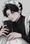  1boy black_hair brown_eyes cellphone closed_mouth crossdressing fingernails grey_background hair_between_eyes highres holding holding_phone lip_piercing maid maid_headdress male_focus mole mole_under_eye original phone piercing selfie simple_background solo sriokorr 