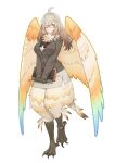  1girl ahoge alpha_transparency animal_hands bird_legs book bow breasts brown_hair buttons feathered_wings feathers gradient gradient_wings hair_intakes hair_over_one_eye harpy holding holding_book light_brown_hair long_hair looking_at_viewer monster_girl multicolored_wings neck_ruff official_art one_eye_covered red-framed_eyewear side_slit skirt solo sparkle standing standing_on_one_leg transparent_background wings ziz_(housamo) 