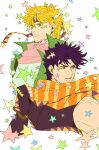  2boys absurdres bare_shoulders battle_tendency blonde_hair caesar_anthonio_zeppeli facial_mark feather_hair_ornament feathers fingerless_gloves gloves green_eyes hair_ornament headband highres holding holding_ribbon jojo_no_kimyou_na_bouken joseph_joestar joseph_joestar_(young) male_focus multiple_boys orange_scarf pink_scarf purple_hair ribbon sachiko_(rinana239) scarf star_(symbol) striped striped_scarf yellow_scarf 