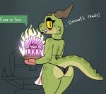  amber_(squablodecomplash) anthro apron blush breasts butt cake clothed clothing dessert digital_media_(artwork) english_text facial_markings female food freckles gloves green_body green_scales handwear head_markings horn horn_markings kobold markings mostly_nude multicolored_body multicolored_tail open_mouth panties scales scalie simple_background smile solo squablodecomplash standing tail_markings teeth text tight_clothing topwear underwear yellow_eyes 