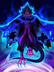  3:4 absurd_res anthro bandai_namco black_body blue_fire cape claws clothing colored_fire digimon digimon_ghost_game evil_grin fire glowing glowing_eyes grusgammamon hi_res horn male sharp_claws sharp_teeth smile solo stinger stinger_tail strayedtiger teeth 