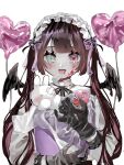  1girl absurdres apron balloon bandaid blood blood_on_face blue_eyes brown_hair bunny crazy demon_girl demon_wings gloves hanataro_(sruvhqkehy1zied) heart heterochromia highres looking_at_viewer maid maid_apron maid_headdress original pale_skin pink_eyes twintails wings 
