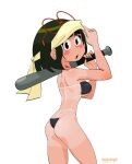  1girl arms_up ass back bangs baseball_cap black_hair blunt_bangs blush breasts cowboy_shot eyewear_on_head glasses green_nails gris_swimsuit hat highres kyu-bum_lee medium_breasts medium_hair meme_attire olive_(kyu-bum_lee) one-piece_swimsuit original red-framed_eyewear round_eyewear see-through_swimsuit shadow simple_background solo swimsuit tan tanlines white_background 