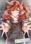  1girl animal_ears blurry blurry_background blush brown_eyes coat commentary_request dating heavy_breathing highres horse_ears horse_girl incoming_hug kaku_yone medium_hair nice_nature_(umamusume) red_hair scarf snowing solo umamusume winter winter_clothes winter_coat 