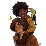  2boys antonio_madrigal bird brothers brown_hair bug butterfly camilo_madrigal carrying child curly_hair dark-skinned_male dark_skin encanto highres likelihood_art multiple_boys piggyback siblings simple_background smile toucan white_background yellow_butterfly 