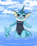  2022 4:5 anthro blue_body blue_sky blue_tail blush clothed clothing eeveelution hi_res nintendo open_mouth open_smile partially_submerged pink_tongue pok&eacute;mon pok&eacute;mon_(species) sky smile solo sum swimwear teeth tongue vaporeon video_games water wet wet_body wet_clothing 