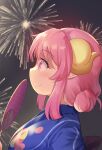  1girl absurdres bangs blush dragon_girl dragon_horns eyebrows_visible_through_hair fireworks hand_fan highres holding holding_fan horns ilulu_(maidragon) japanese_clothes kimono kobayashi-san_chi_no_maidragon pink_eyes pointy_ears print_kimono profile shadow sidelocks smile solo summer_festival yinori 