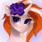  1:1 accessory ambiguous_gender anthro blue_eyes equid equine eyelashes fan_character flower flower_in_hair hair hair_accessory hasbro headshot hi_res horn horse inner_ear_fluff mammal multicolored_hair my_little_pony orange_hair plant pony simple_background solo tuft two_tone_hair unicorn white_body white_hair zlatavector 