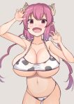  1girl animal_print arms_up bangs bikini breasts cleavage cow_print dragon_girl dragon_horns eyebrows_visible_through_hair fang grey_background highres horns huge_breasts ilulu_(maidragon) inari_jin kobayashi-san_chi_no_maidragon long_hair looking_at_viewer open_mouth pink_eyes pink_hair print_bikini shadow shortstack simple_background smile solo swimsuit very_long_hair 