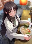  1girl bangs beppu_mitsunaka black_hair black_legwear black_sweater blush breasts chopsticks commentary_request commission fate/grand_order fate_(series) food highres holding holding_chopsticks holding_spoon long_hair long_sleeves looking_at_viewer medium_breasts outdoors parted_bangs plate sesshouin_kiara sidelocks sitting skeb_commission smile solo spoon stool sweater teeth turtleneck turtleneck_sweater very_long_hair yellow_eyes 