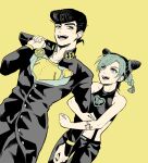  1boy 1girl bag black_hair bookbag braid butterfly_tattoo diamond_wa_kudakenai double_bun gakuran green_eyes green_hair green_nails halter_top halterneck higashikata_josuke jojo_no_kimyou_na_bouken kujo_jolyne locked_arms midriff multicolored_hair school_uniform setsunano tattoo two-tone_hair 