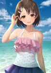  1girl absurdres animal_hair_ornament arm_up bangs bare_arms blue_sky brown_eyes brown_hair cloud collarbone commentary_request cowboy_shot day frilled_swimsuit frills hair_ornament hairclip highres horizon idolmaster idolmaster_cinderella_girls looking_at_viewer ocean one-piece_swimsuit open_mouth outdoors polka_dot polka_dot_swimsuit sasaki_chie short_hair sky smile solo standing swimsuit swimsuit_skirt tsunenorip white_swimsuit 