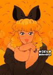  1girl artist_name bangs big_hair black_bow black_eyes black_nails blush bow character_request devdeyl fur_trim hair_bow hand_up highres konjiki_no_gash!! long_sleeves looking_at_viewer monochrome open_mouth orange_background orange_hair orange_theme simple_background smile solo 