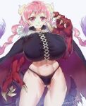  1girl absurdres arm_up black_cape black_panties breasts cape cowboy_shot dragon_claw dragon_girl dragon_horns dragon_tail ethan_wylie highres horns huge_breasts ilulu_(maidragon) kobayashi-san_chi_no_maidragon long_hair low_twintails midriff navel panties pink_hair purple_eyes shadow signature simple_background solo tail twintails underwear very_long_hair white_background 
