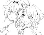  2girls braid chougei_(kancolle) eyebrows_visible_through_hair greyscale hair_between_eyes hair_flaps hair_ornament hair_rings jingei_(kancolle) kantai_collection kirisawa_juuzou long_hair monochrome multiple_girls open_mouth portrait school_uniform serafuku short_hair simple_background sketch smile twin_braids white_background 