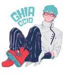  1boy blue_hair curly_hair ghiaccio glasses hands_in_pockets highres jojo_no_kimyou_na_bouken pants red-framed_eyewear red_footwear setsunano shoes sneakers solo striped striped_pants vento_aureo vertical-striped_pants vertical_stripes 