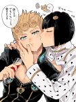  2boys alcohol black_hair blonde_hair blue_eyes blue_nails blush bob_cut bruno_buccellati cat cleavage_cutout clothing_cutout cup drinking_glass giorno_giovanna hair_ornament hairclip highres jojo_no_kimyou_na_bouken kiss kissing_cheek male_focus multiple_boys setsunano translation_request unamused vento_aureo wine wine_glass zipper 