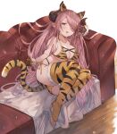  1girl animal_ears animal_print ass ayacho bangs bikini blue_eyes blush braid breasts commentary_request couch draph fake_animal_ears fake_tail full_body fur_trim gloves granblue_fantasy hair_over_one_eye highres horns large_breasts lips long_hair looking_at_viewer narmaya_(granblue_fantasy) open_mouth pink_hair pointy_ears shiny shiny_hair simple_background sitting swimsuit tail thighhighs thighs tied_hair tiger_print 