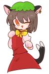  1girl ;3 animal_ears bow bowtie brown_hair cat_ears cat_tail chen dress earrings green_headwear hat high_collar highres jewelry mob_cap multiple_tails one_eye_closed op_na_yarou paw_pose puffy_short_sleeves puffy_sleeves red_dress short_hair short_sleeves simple_background single_earring solo tail touhou two_tails white_background yellow_bow yellow_bowtie 