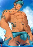  1boy abs aqua_hair aqua_headband arm_tattoo bara black_hair bulge chest_tattoo cloud day facial_hair facial_mark headband hidora_art highres large_pectorals leg_tattoo looking_at_viewer male_focus multicolored_hair muscular muscular_male navel nipples official_alternate_costume outdoors partially_submerged pectorals pointy_ears sky solo stomach_tattoo tangaroa_(housamo) tangaroa_mugen_(housamo) tattoo tokyo_afterschool_summoners tongue tongue_out two-tone_hair water 