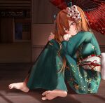  1girl bangs barefoot black_nails blush breasts brown_hair closed_mouth feet flower girls&#039;_frontline green_kimono hair_between_eyes hair_flower hair_ornament holding holding_umbrella indoors japanese_clothes kimono long_hair long_sleeves medium_breasts nail_polish obi oil-paper_umbrella on_floor pink_flower purple_eyes ru_zhai sash sliding_doors soles solo toenail_polish toenails toes twintails umbrella ump9_(girls&#039;_frontline) very_long_hair wide_sleeves wooden_floor 