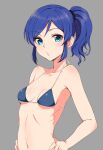  1girl absurdres aikatsu! aikatsu!_(series) bikini blue_bikini blue_eyes blue_hair breasts collarbone commentary_request eyebrows_visible_through_hair grey_background hands_on_hips highres kiriya_aoi looking_at_viewer navel pasapsasa ponytail short_hair simple_background small_breasts solo swimsuit 