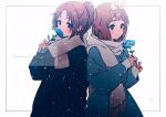  2girls amayadori_uki bangs black_jacket blonde_hair blue_flower blue_jacket blush brown_hair brown_scarf closed_mouth flower green_eyes hair_ribbon hibike!_euphonium highres holding holding_flower jacket long_hair long_sleeves multiple_girls nakagawa_natsuki ponytail purple_eyes ribbon scarf smile snowing standing white_background yellow_ribbon yoshikawa_yuuko 