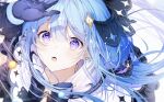 1girl absurdres arm_up bangs blue_dress blue_gloves blue_hair blush bow bowtie dress english_commentary eyebrows_visible_through_hair from_above gloves hair_ornament highres long_hair looking_at_viewer noyu_(noyu23386566) open_mouth original purple_eyes sidelocks solo 