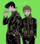  2boys alternate_costume black_hair blonde_hair diamond_wa_kudakenai earrings fashion flower_ornament giorno_giovanna green_eyes hands_in_pockets higashikata_josuke jewelry jojo_no_kimyou_na_bouken limited_palette male_focus multiple_boys pompadour ring setsunano sunglasses vento_aureo 