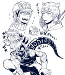  2boys anger_vein argyle argyle_sweater beanie chibi diego_brando dinosaur_tail fang fangs gloves greyscale hat helmet johnny_joestar jojo_no_kimyou_na_bouken male_focus monochrome multiple_boys scary_monsters_(stand) setsunano stand_(jojo) steel_ball_run sweater tail 