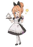  1girl :d akefumi blue_eyes bow chibi cup hair_bow hair_bun highres kettle maid maid_mafia_k official_art one_eye_closed orange_hair smile solo teacup v white_background white_legwear 