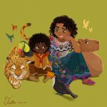  antonio_madrigal bandana bird bug butterfly capybara child cousins curly_hair dark-skinned_male dark_skin embroidery encanto glasses green_background hummingbird jaguar mirabel_madrigal red_bandana round_eyewear simple_background skirt smile toucan ydk_dny yellow_butterfly 