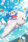  :d absurdres blue_eyes blurry bubble cloud commentary_request day flying highres no_humans nullma open_mouth outdoors piplup pokemon pokemon_(creature) riding riding_pokemon sky smile togekiss tongue 