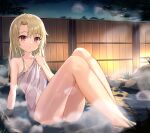  1girl absurdres arm_support bangs bare_legs blush branch breasts bush closed_mouth collarbone eyebrows_visible_through_hair fate/grand_order fate/kaleid_liner_prisma_illya fate_(series) fence grass highres illyasviel_von_einzbern knees_up lantern looking_at_viewer naked_towel night onsen outdoors partially_submerged red_eyes rock sitting small_breasts solo steam thighs towel wooden_fence zeroillya 