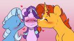  absurd_res blue_hair blush chub-wub doodle-mark doodlemouser equid equine eyes_closed facial_hair friendship_is_magic hair hasbro hi_res horn kissing mammal my_little_pony orange_hair purple_hair starlight_glimmer_(mlp) sunburst_(mlp) triple_kiss trixie_(mlp) unicorn 