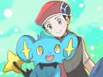  1boy beret black_hair blue_pants closed_mouth commentary_request dated green_background grey_eyes hat highres lucas_(pokemon) male_focus pants poke_ball_print pokemon pokemon_(creature) pokemon_(game) pokemon_dppt red_headwear ryu_gamori scarf shinx shirt short_hair short_sleeves signature smile split_mouth vest 