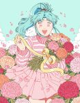  1girl artist_name bangs blue_hair botan_(yu_yu_hakusho) cloud devdeyl flower highres leaf long_hair open_mouth orange_flower parted_bangs petals pink_eyes pink_flower pink_skirt plant pleated_skirt ponytail red_flower ribbon skirt smile solo striped striped_sweater sweater yellow_flower yellow_ribbon yu_yu_hakusho 