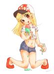  1boy black_shorts blonde_hair blush brown_eyes eyebrows_visible_through_hair food hat ice_cream long_hair male_focus midriff nanami_tomorou navel oozora_hibari otoko_no_ko red_footwear shirt shoes shorts solo stop!!_hibari-kun! tongue tongue_out white_shirt 