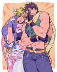  2boys blonde_hair blue_jacket brown_hair denim facial_mark feather_hair_ornament feathers fingerless_gloves gloves green_eyes hair_ornament hat headband highres jacket jeans jojo_no_kimyou_na_bouken jojo_pose joseph_joestar joseph_joestar_(young) male_focus midriff multiple_boys nitako pants pose scarf striped striped_scarf triangle_print 