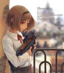  1girl balcony bangs black_hairband blurry blurry_background bob_cut brown_eyes brown_hair bullpup buttons character_name child collared_shirt cracked_wall depth_of_field english_text foge from_side grey_skirt gun gunslinger_girl hairband henrietta_(gunslinger_girl) highres holding holding_gun holding_weapon long_sleeves looking_at_viewer neck_ribbon outdoors p90 pleated_skirt railing red_ribbon ribbon school_uniform shirt short_hair sideways_glance skirt smile solo standing submachine_gun upper_body weapon white_shirt 